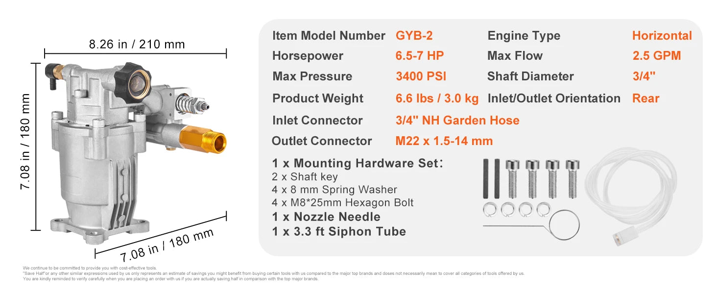 SucceBuy Pressure Washer Pump 3/4" Shaft Horizontal 3400 PSI 2.5 GPM Replacement Washer Pumps Kit Compatible with Honda RYOBI
