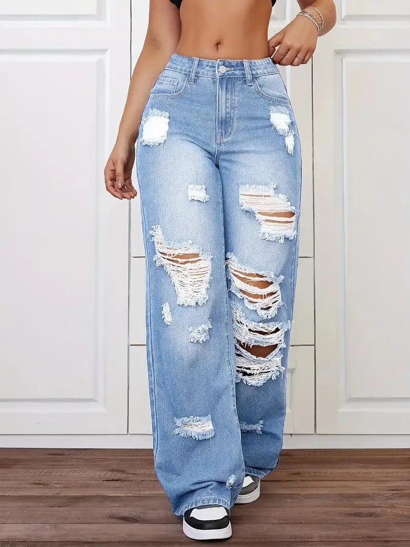 Women's Distressed Wide Leg Jeans | High Waist Denim