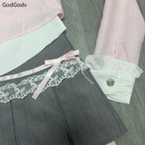 Spring Y2K Princess Outfits Women 2 Piece Sets Sweet Kawaii Bow Tops + Lace Pleated Skirt Female Retro Chic Preppy Style Clothes