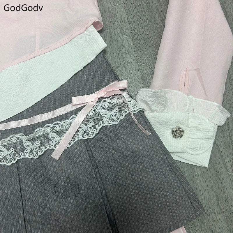 Spring Y2K Princess Outfits Women 2 Piece Sets Sweet Kawaii Bow Tops + Lace Pleated Skirt Female Retro Chic Preppy Style Clothes