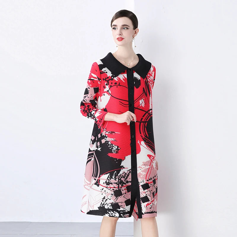 Miyake Pleated Drape Dress – Colorblock Print, 3/4 Sleeve