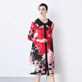 Miyake Pleated Drape Dress – Colorblock Print, 3/4 Sleeve