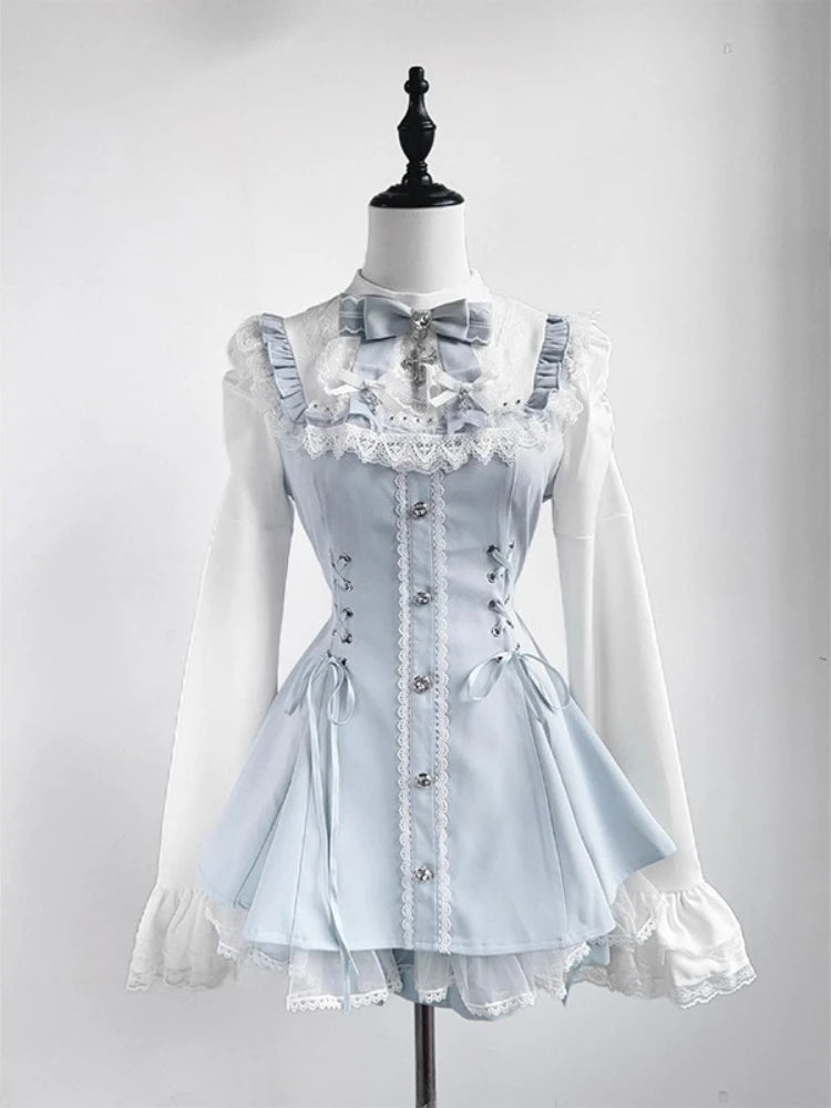 Japanese Y2K Aesthetics Vintage Bow Dress Shorts Set Women Gothic Lolita Style Long Sleeve Shirt Dress Elegant Party Dress Suits