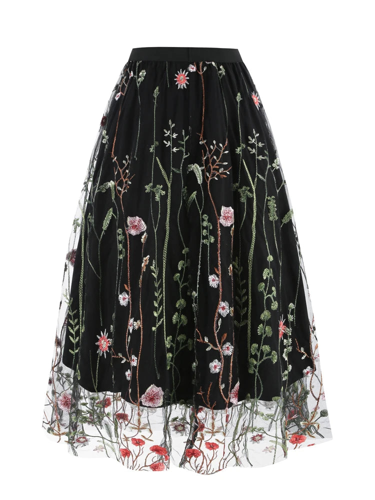 Tonval Floral Embroidered Mesh Midi Skirt – Elegant & Vintage
