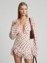 Women Elegant Printed Short Dress Chic V-neck Short Sleeve A-line Bodycon Mini Dresses 2026 Lady New Summer Vacation Street Robe