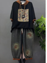 Vintage Plus Size Jeans Set Women's Two-Piece Outfit Casual Suit Denim Pants  Ladies Hooded T-Shirt Printed Jeans Sets