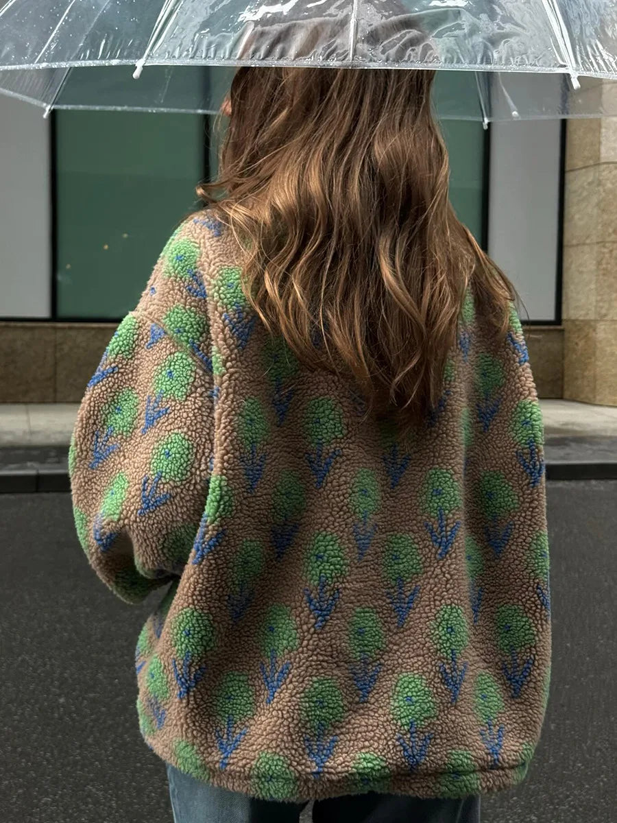TARUXY Fleece Printing Sweatshirt Women's Half-Zip Sweatshirt Fleece Loose Turtleneck Pullover Female Winter Leisure Sweatshirt