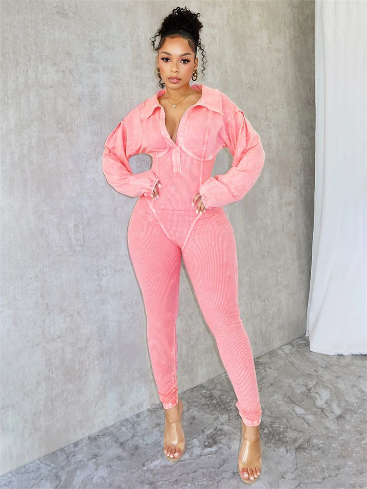Ribbed Distressed V-Neck Jumpsuit