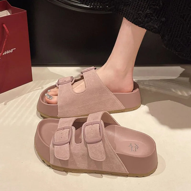 Bebealy Women Slippers With A Buckle Women's Shoes New Summer Casual Slippers Retro Trend Beach Slippers Round-headed Flip-Flops