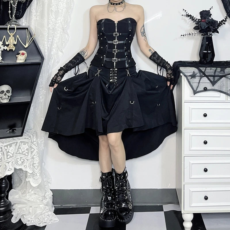 Gothic High-Waist A-Line Midi Skirt | Harajuku Grunge Y2K