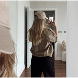 Brown Retro Suede Lapel Zippered Short Jackets Women's Casual Full Sleeves Pocket Loose Coats 2026 Spring Daily Commute Outwear