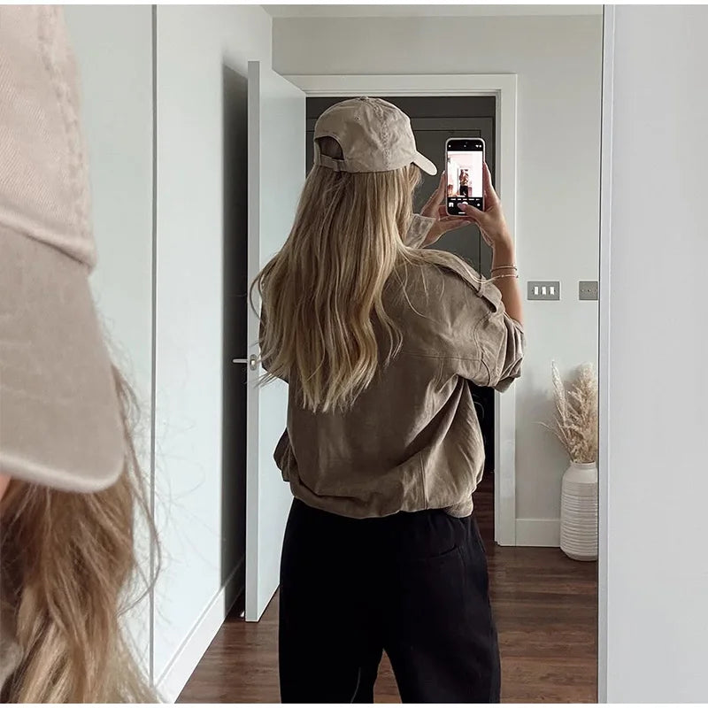 Brown Retro Suede Lapel Zippered Short Jackets Women's Casual Full Sleeves Pocket Loose Coats 2026 Spring Daily Commute Outwear