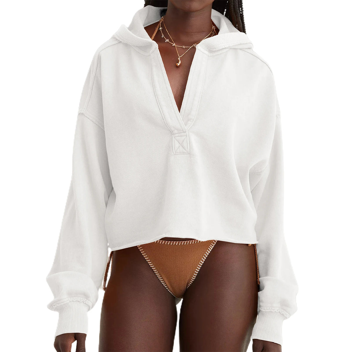 Women's Relaxed V-Neck Cropped Hoodie