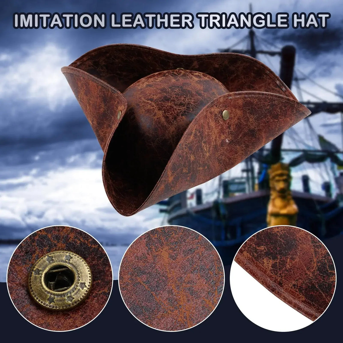 Faux Leather Pirate Hat Brown Captain Hat Vintage Button Masquerade Party Cosplay Costume Hat For Men Women Photography Props
