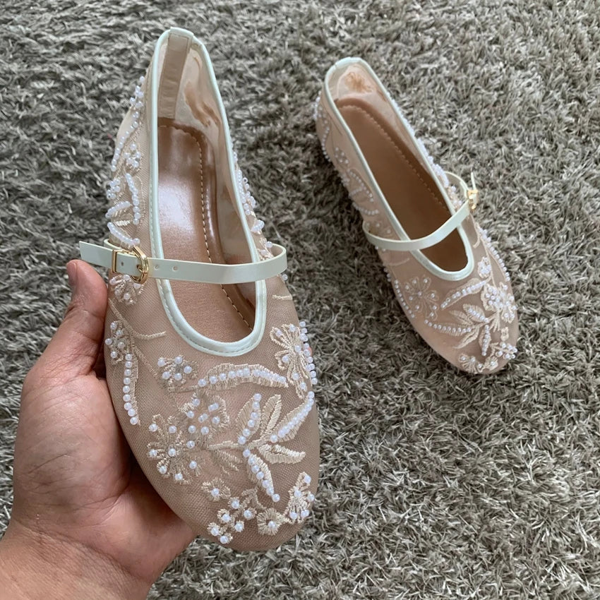 Embroidered Bead Ballet Flats | Breathable Mary Jane Sandal