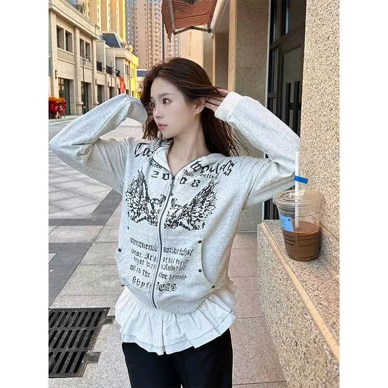 American Retro Printed Zipper Sweatshirt Women's Y2K New Harajuku Hip Hop Goth Casual Joker Long Sleeve Zipper Hoodie Streetwear