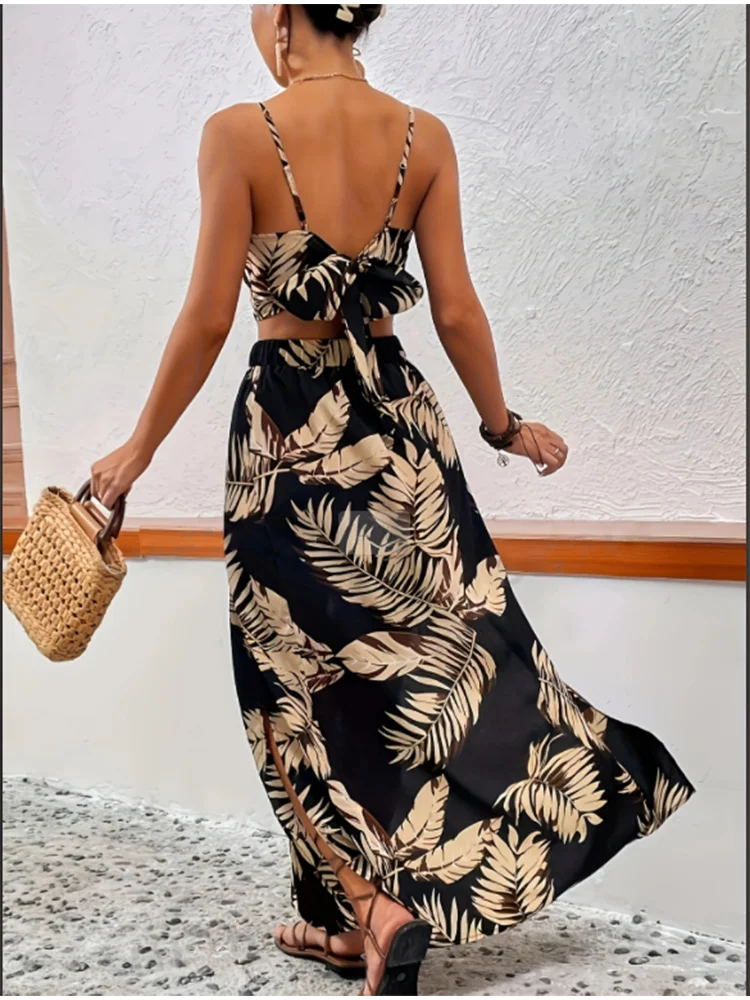 Elegant Deep V-neck Summer Dress: Sleeveless Printed Skirt Set