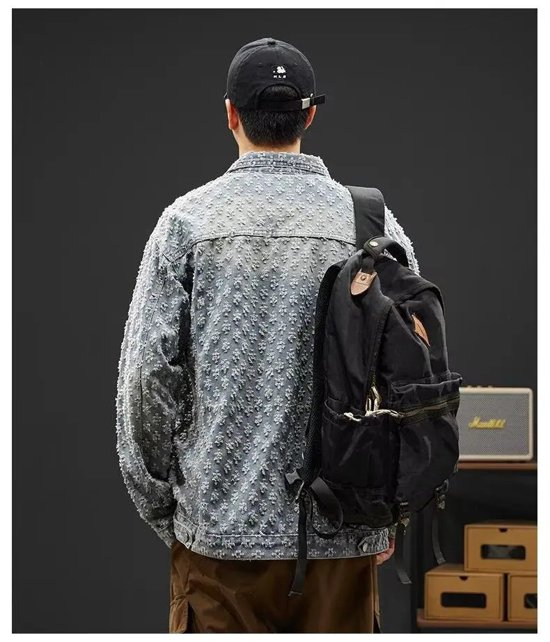 Fashionable Premium Jacquard Washed Denim Jacket for Men - Autumn New Arrival American Vintage Distressed Streetwear Style