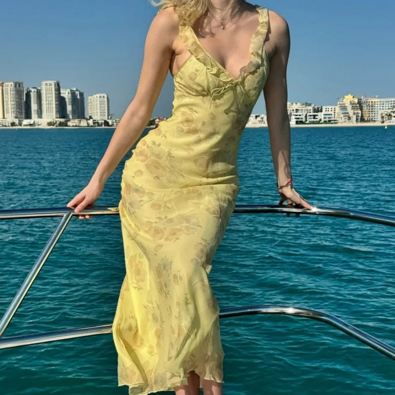 Women's Floral Print Backless Maxi Dress