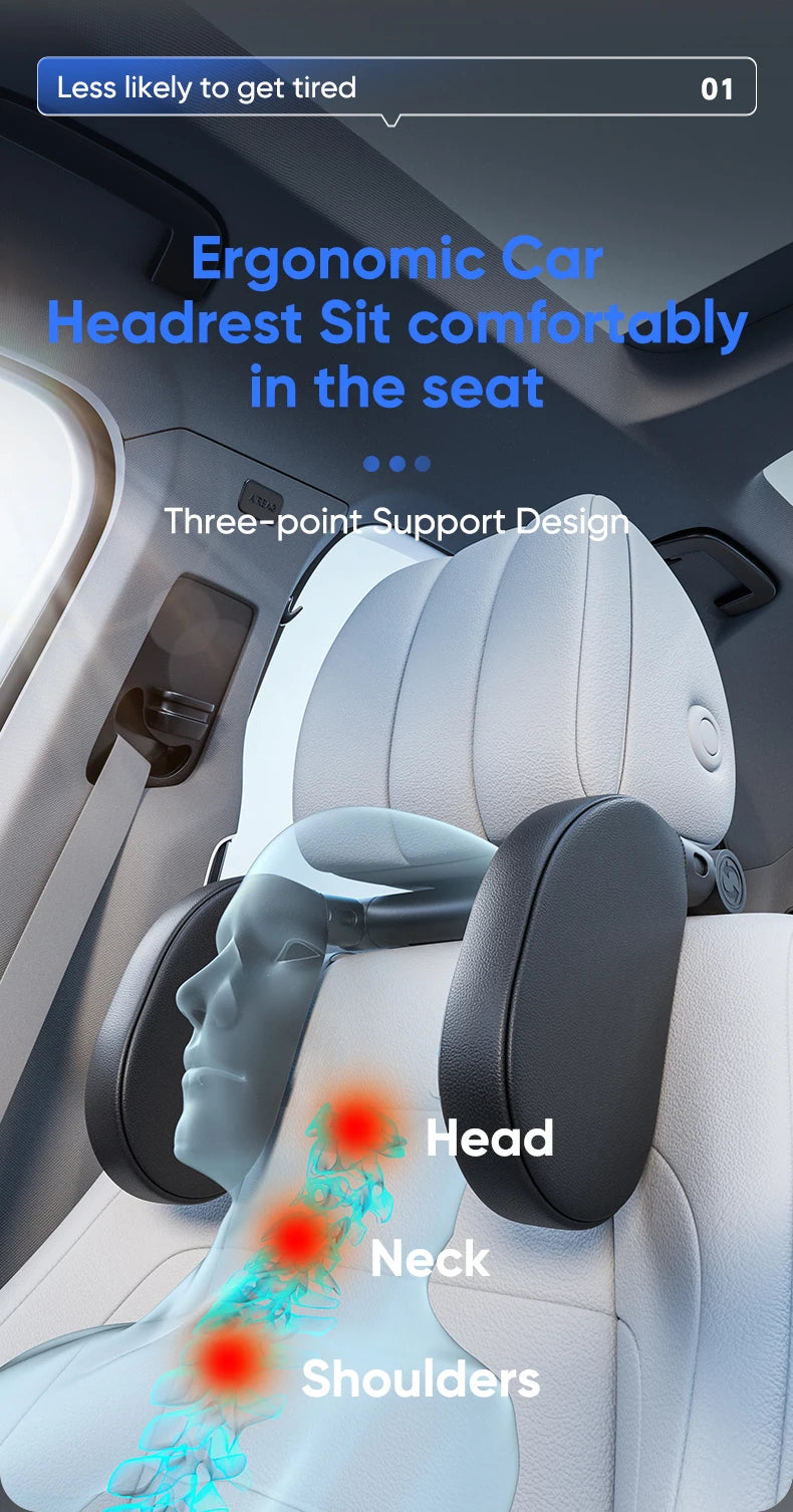 Ergonomic 360° Adjustable Auto Cervical Pillow with Memory Foam & Side Pads One-Click Sleep Headrest for Car