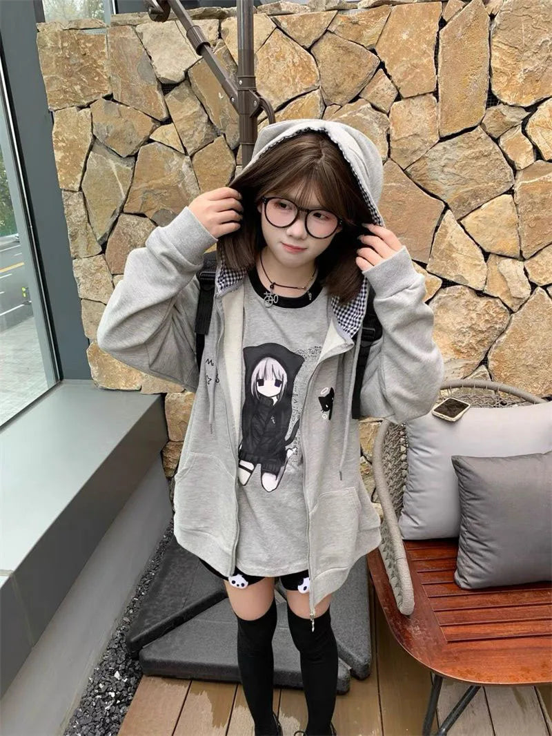 Women's Cute Cat Print Relaxed Zip-Up Hoodie