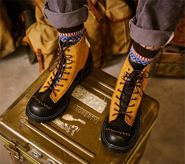 KOWM Hiking shoes men's cowhid boots British leather trekking shoes thick soled ankle sneakers cowhide high top motorcycle boots