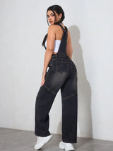 Vintage Black Denim Wide-Leg Jumpsuit – Loose Fit Oversized Overalls