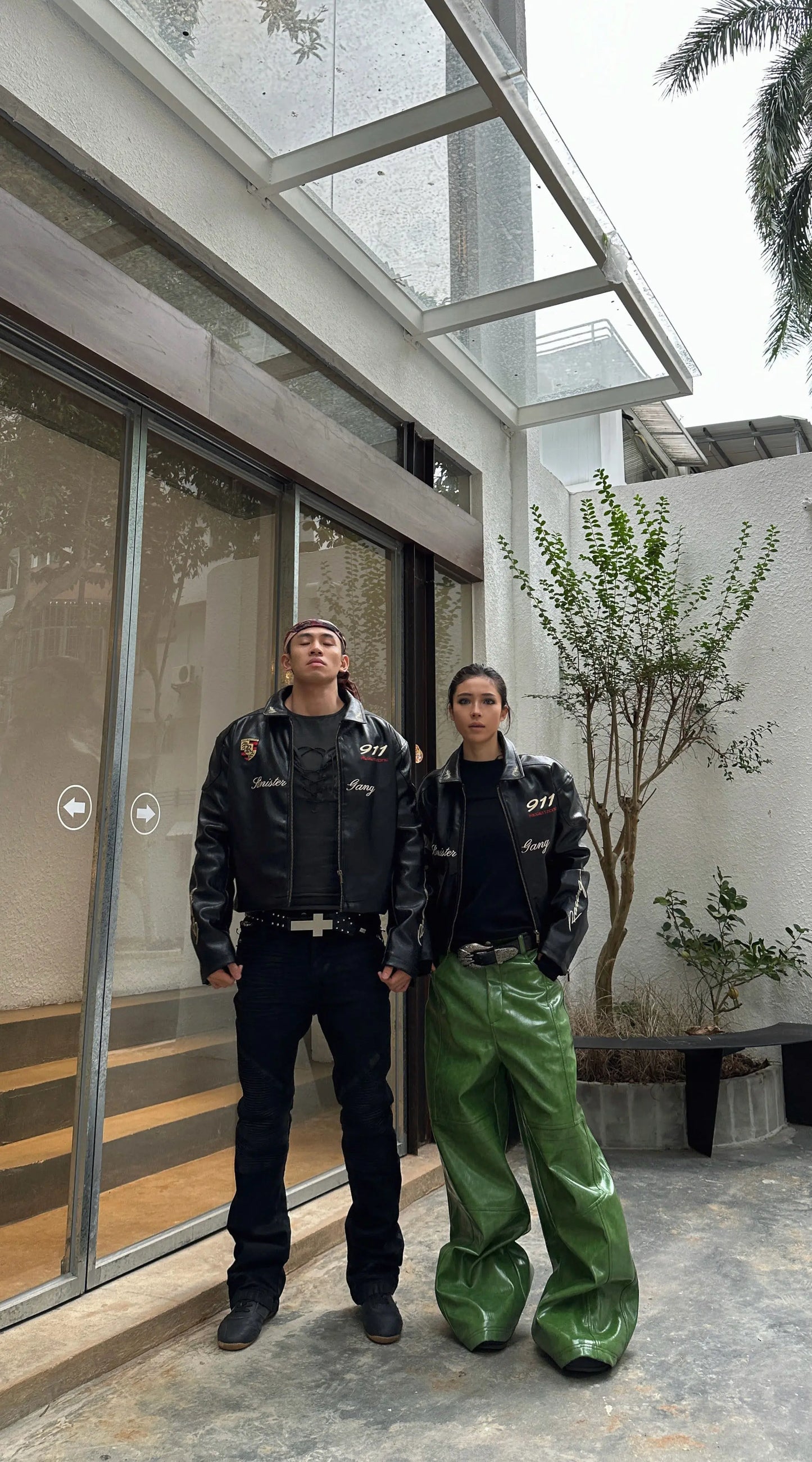 Olive Green PU Leather Wide Leg Pants — Men's Y2K Streetwear Trousers
