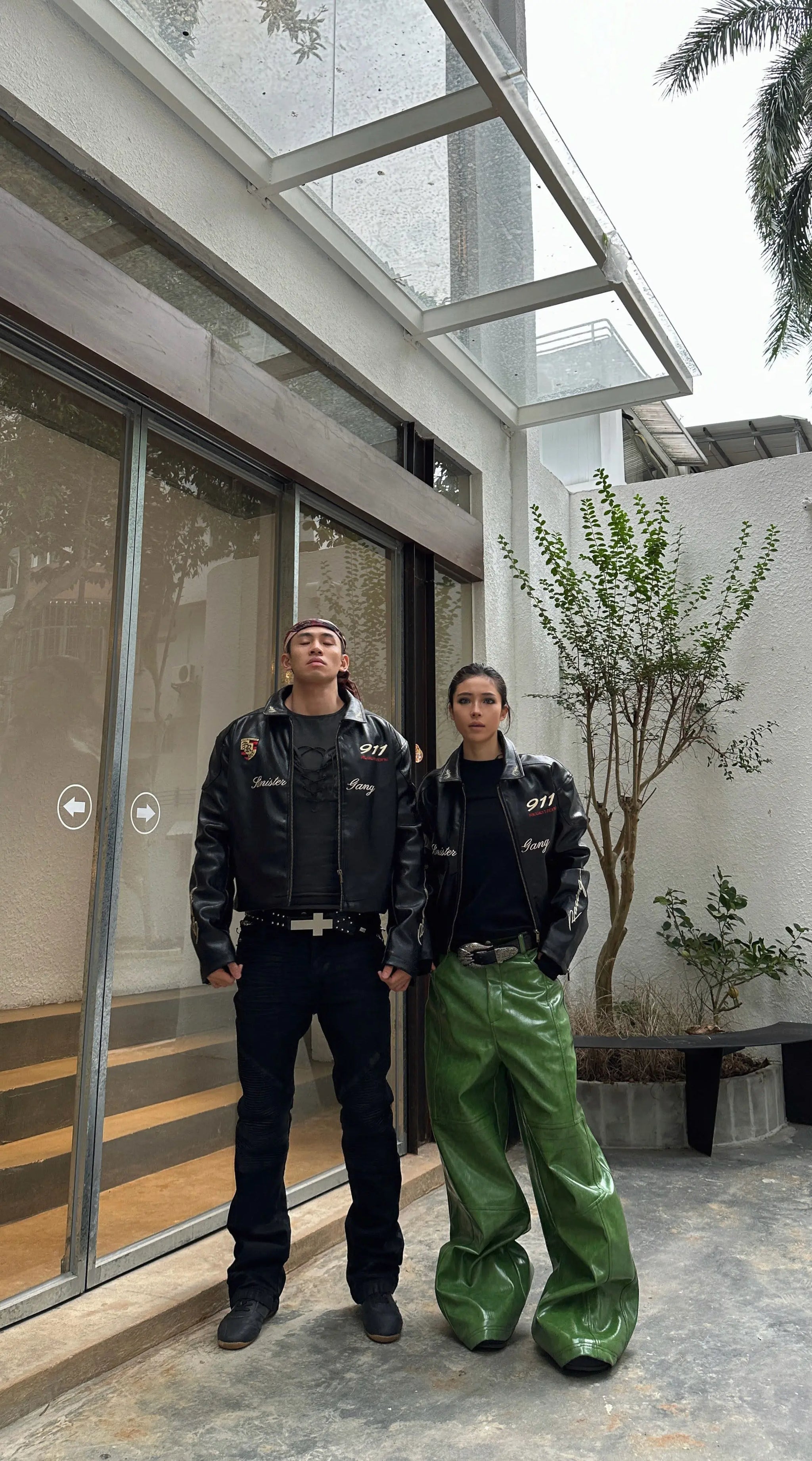 Olive Green PU Leather Wide Leg Pants — Men's Y2K Streetwear Trousers