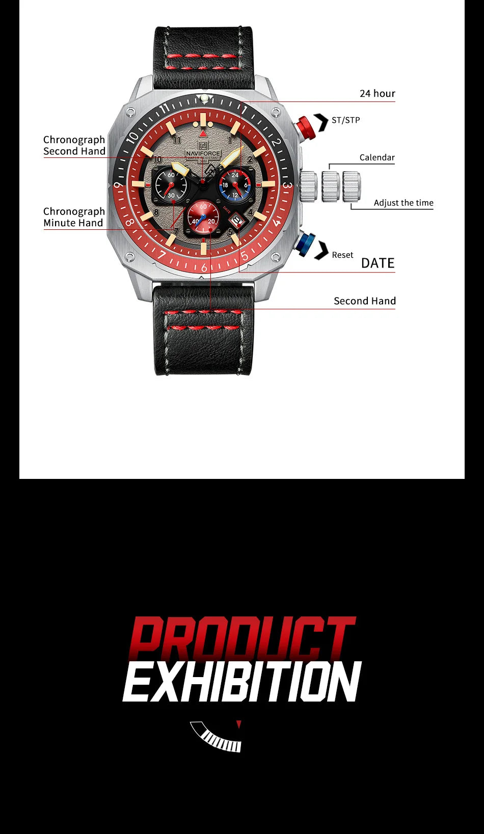 NAVIFORCE Sports Multifunction Waterproof Watches for Men Fashion Leather Luxury Brand Quartz Analog Luminous Square Wrist Watch