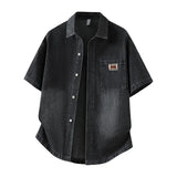 Men's Casual Black Denim Shirt Short Sleeve Loose Fit Gradient Washed RESPECT Embossed Summer Streetwear Button Up Blouse