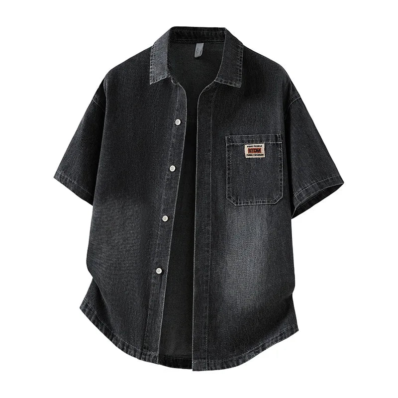 Men's Casual Black Denim Shirt Short Sleeve Loose Fit Gradient Washed RESPECT Embossed Summer Streetwear Button Up Blouse