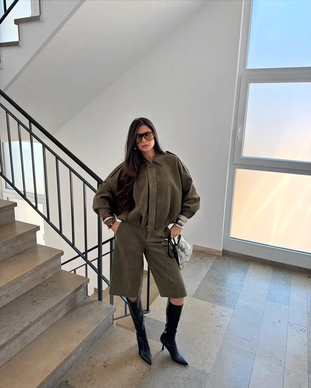 YENKYE New 2025 Women Suede Textured Bomber Jacket Long Sleeve Lapel Collar Loose Coats Casual Female Outerwear Chic Tops