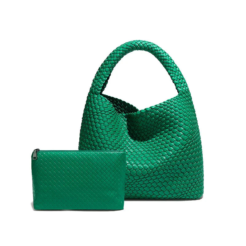 2025 Women Bag Luxury PU Leather Handbag Lady Fashion Handmade Knitting Tote Female Hand-woven Basket Shoulder Bag with Purse