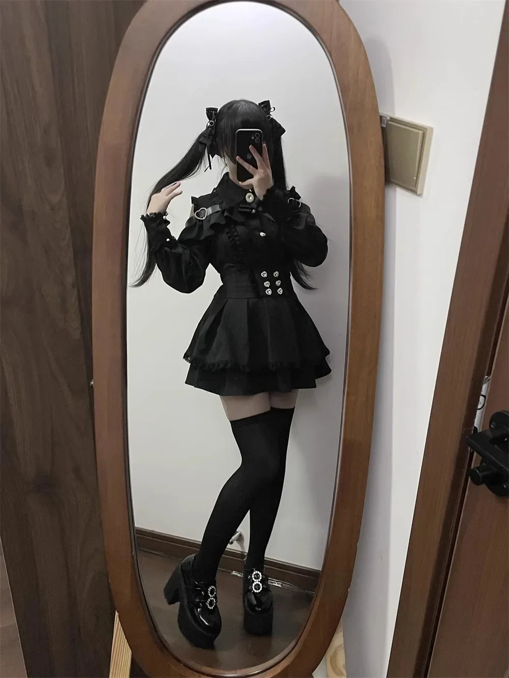 Women‘s Lolita Set Dark Femme Mesh Top & Waist Cinching Skirt, 2025 Autumn Japanese Street Style Coord for Gothic Baddie Fashion