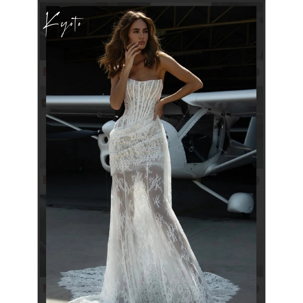 Kyoto Customized Pleated Lace Flower Sheath Wedding Dress Strapless Detachable Train vestidos de novia Exquisite Evening Dresses