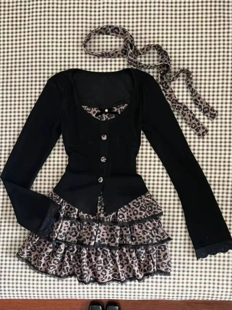 2025 Autumn Two Pieces Skirt Set Women Y2k Crop Tops T-shirt + Cake Skirts Japanese Kawaii Fashion Suits Chic Outfits Korean