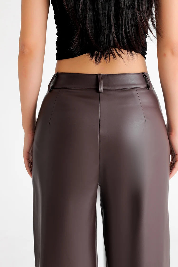 Women's High Waist Faux Leather Wide Leg Fleece Pants