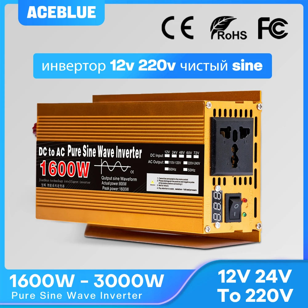 Pure Sine Wave Inverter 12V/24V to 220V | 1600W–3000W