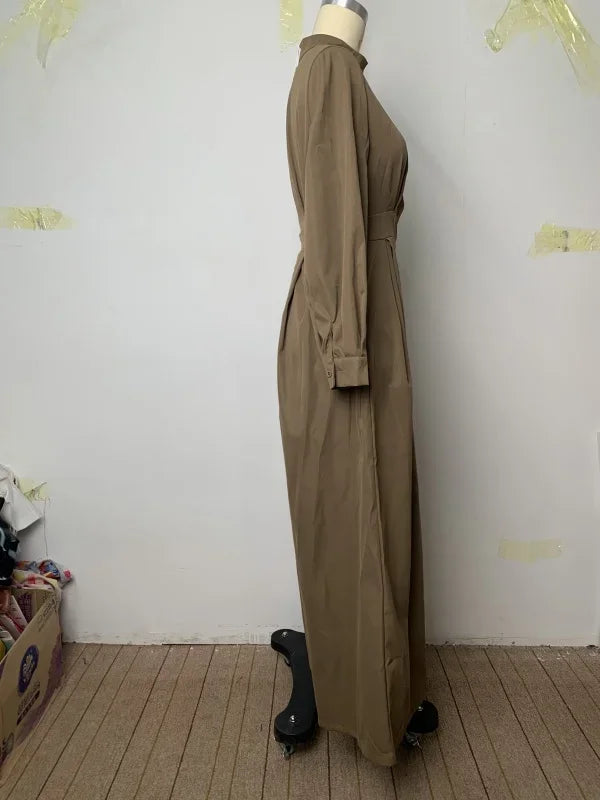 High-Waisted Wide Leg Jumpsuit - Half-Collar Long Sleeve One-Piece