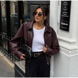 Women's Wine Red Pu Leather Short Jacket Fashion Autumn Lapel Collar Zipper High Street Loose Overcoats Ladies Button Outerwears