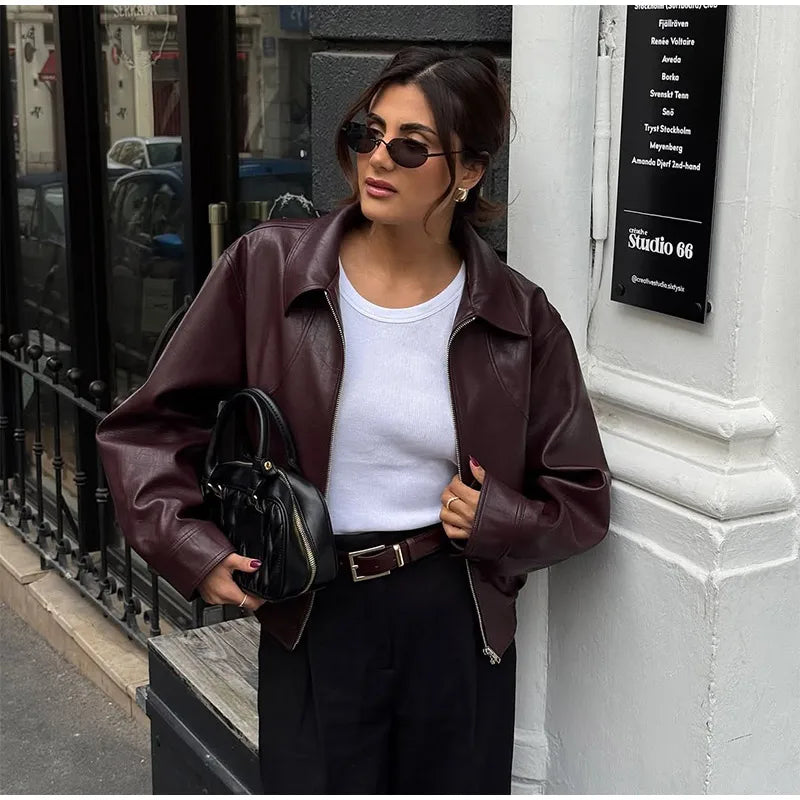 Women's Wine Red Pu Leather Short Jacket Fashion Autumn Lapel Collar Zipper High Street Loose Overcoats Ladies Button Outerwears