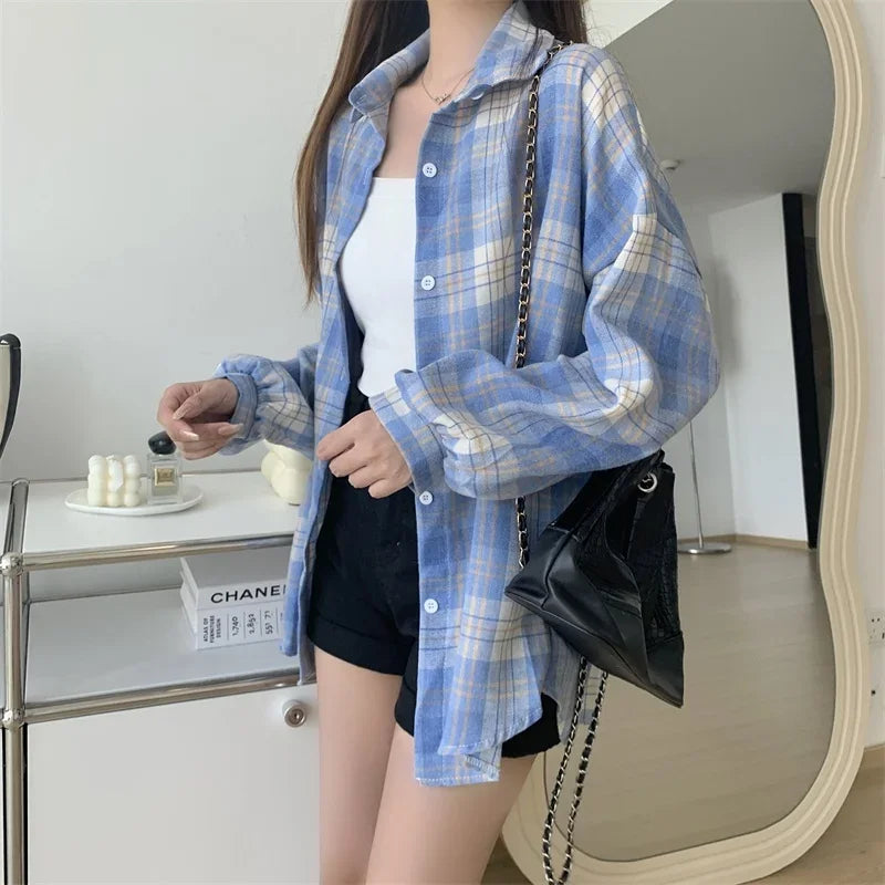 Vintage Plaid Long-Sleeve Blouse