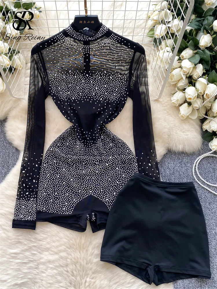 Sparkle & Shine: Women's Rhinestone Mesh Romper