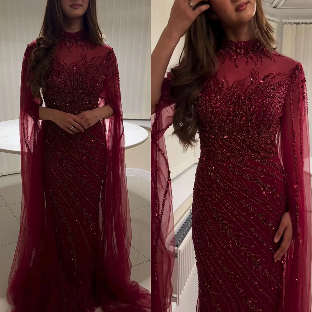 Luxury Beaded Mermaid Evening Gown | Cape Sleeve