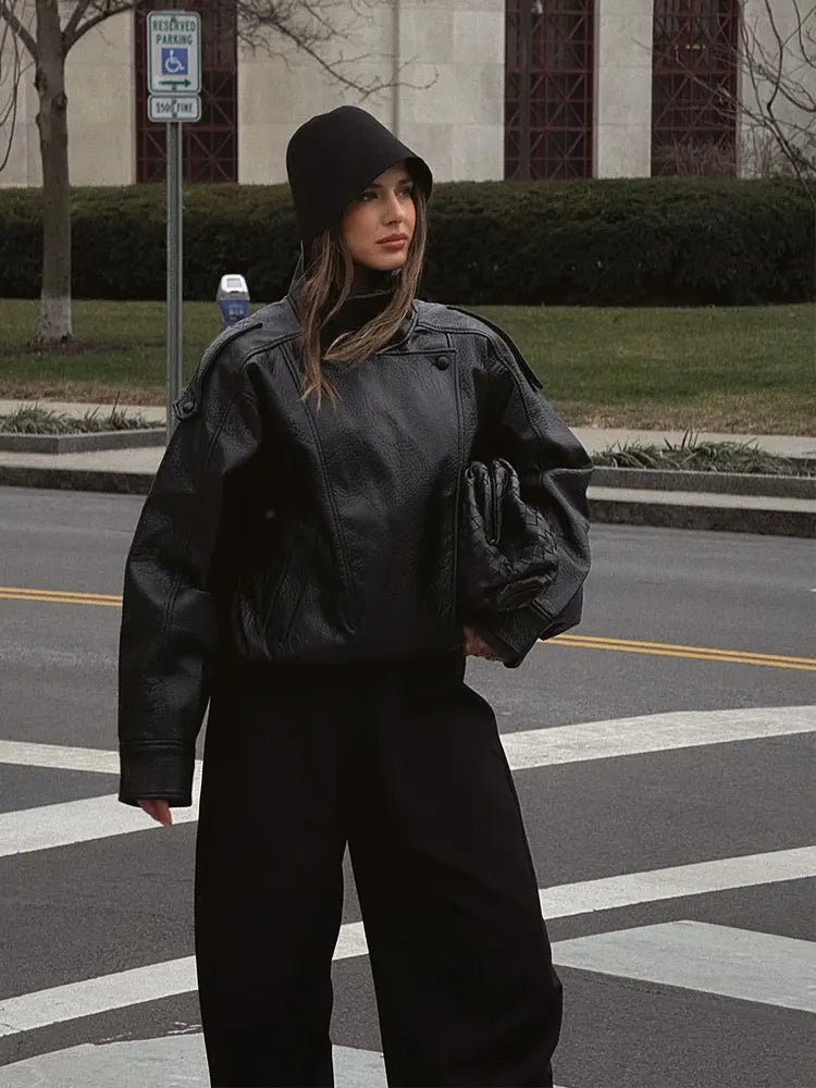 HH 2026 Women Trend Pu Leather Black Coats Stand Collar Long Sleeve Zipper Jacket Woman Fashion Vintage High Street Pu Jackets