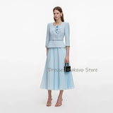 Customized 2 Pieces Cocktail Dress Light Sky Blue 3/4 Sleeves Modern Cocktail Gowns for Women 2026 Tea Length Formal Party Dress