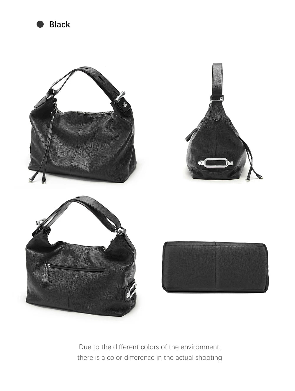 Zency 100% Genuine Leather Large Women Top Handle Shoulder Bag Tote Handbag Purse Black Leather Hobo Bag Underarm Zipper Bags