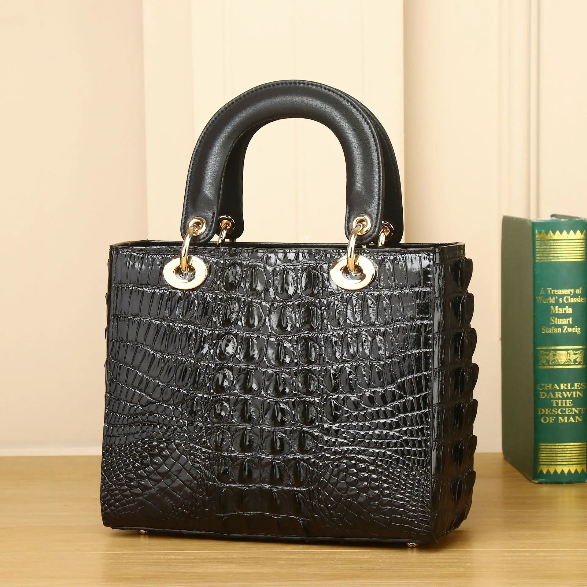 Crocodile-Embossed Genuine Leather Structured Handbag