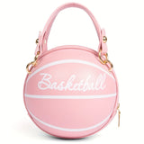 Basketball Shaped Crossbody Bag, Trendy Chain Shoulder Bag, PU Leather Top Handle Circle Purse handbags  women bag